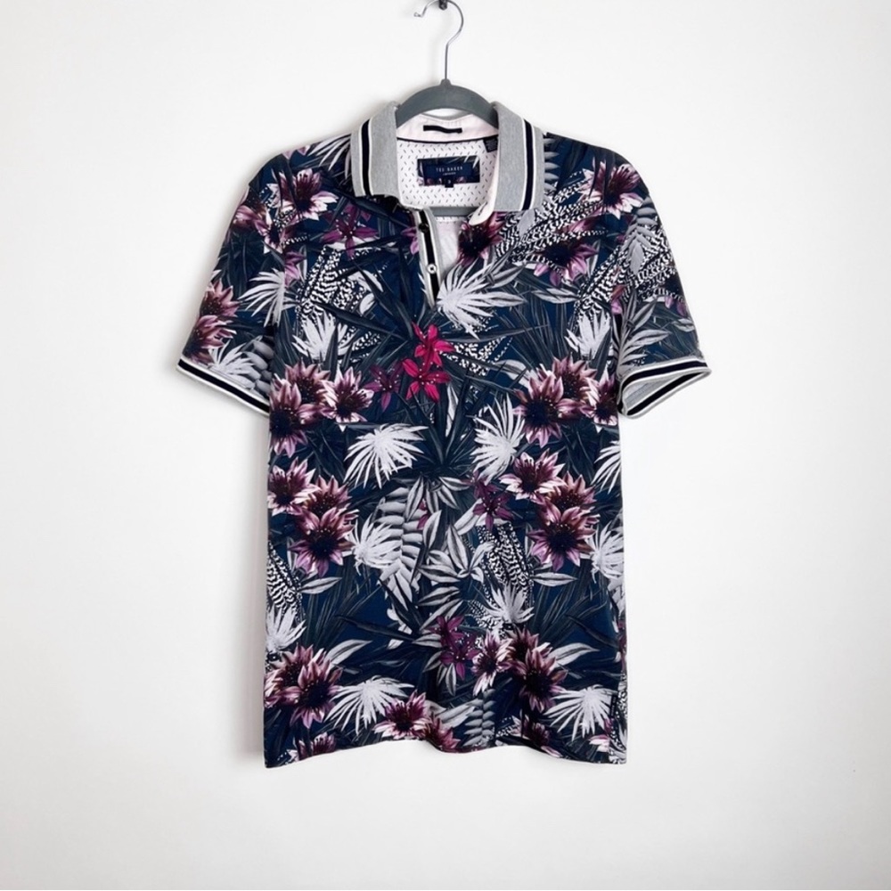 Ted Baker Navy and Pink Floral Polo Shirt
